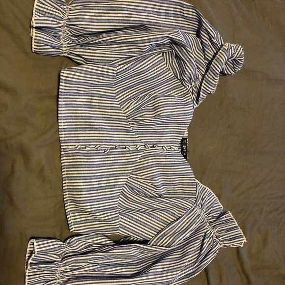 Navy and white striped high sleeve crop blouse - Picture 2 of 2